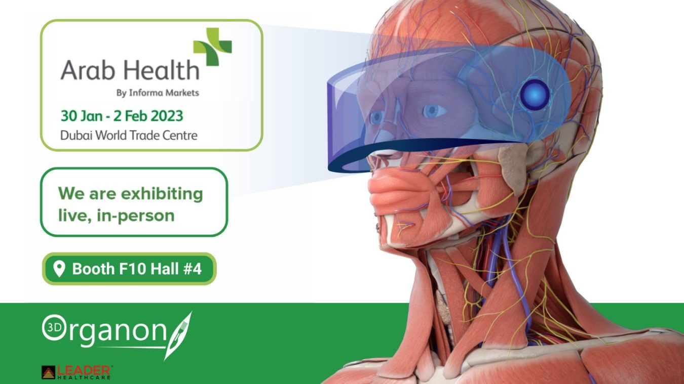 3D Organon at Arab Health 2023. A dynamic exhibit featuring state-of-the-art medical technology and virtual anatomy solutions, demonstrating 3D Organon's presence and advancements at the Arab Health conference