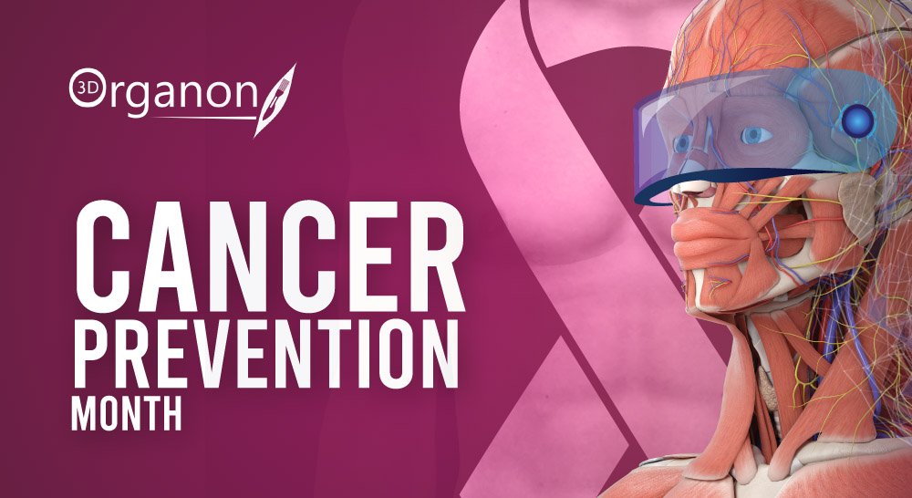 Illustration representing February: Cancer Prevention Month. Features a ribbon symbolizing cancer awareness, surrounded by diverse individuals engaged in healthy lifestyle activities, highlighting the importance of prevention and raising awareness about cancer during the month of February