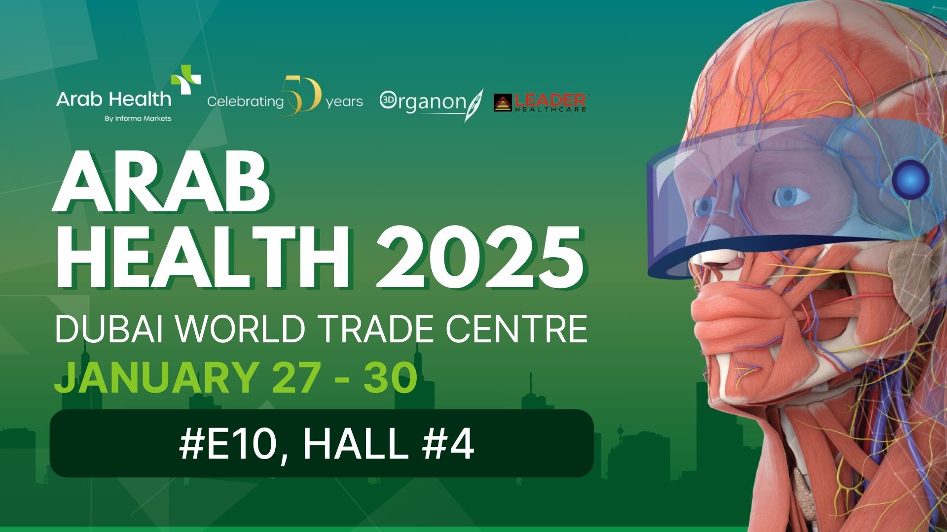 3D Organon newsroom A vibrant promotional graphic showcasing 3D Organon’s participation in Arab Health 2025 at the Dubai World Trade Center. The event details, including dates (January 27–30, 2025), location, and booth information (Leader Healthcare Booth #E10, Hall #4), are prominently displayed. The image highlights healthcare innovation, VR technology, and medical education advancements, with a futuristic theme and inviting call-to-action for live VR demos.