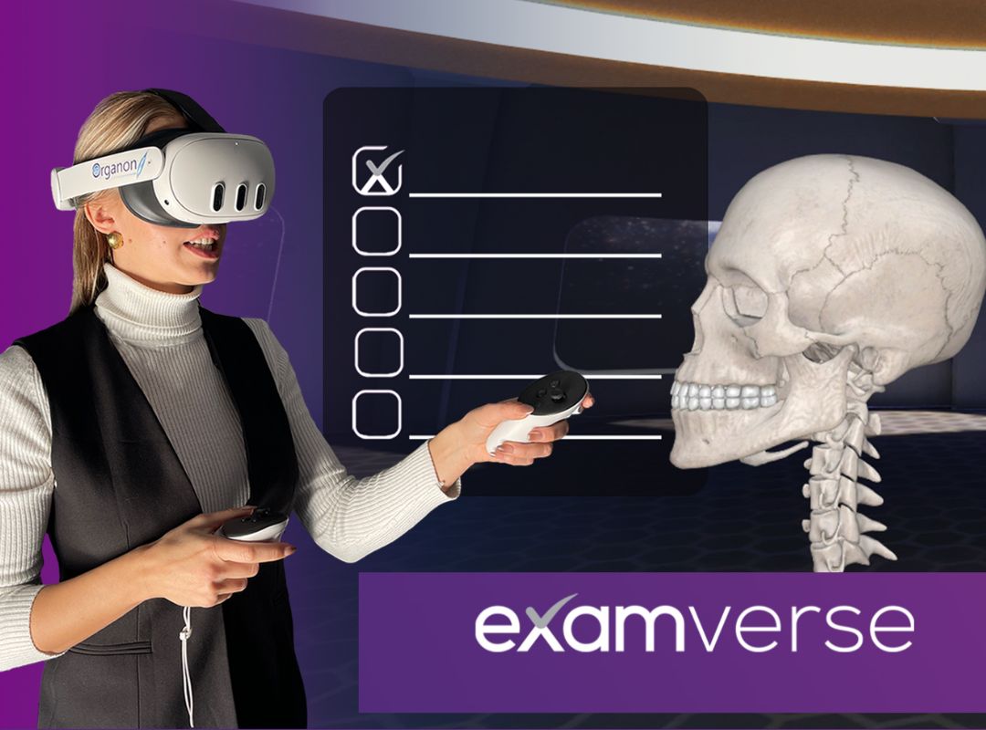 A young girl wearing a VR headset interacts with the Examverse platform on 3D Organon. She reaches out with her hands, engaging with a detailed 3D anatomical model displayed in a virtual environment. The scene is illuminated by the soft glow of the digital interface, highlighting her immersive learning experience.