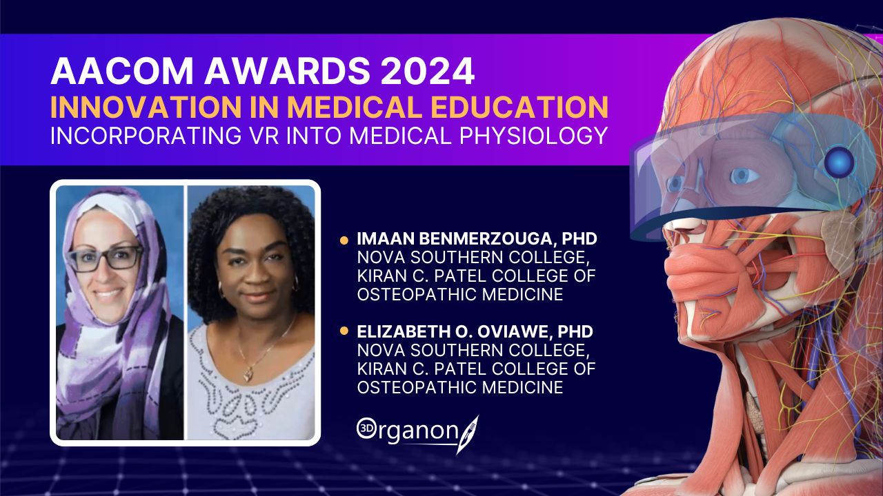 Dr. Imaan Benmerzouga and Dr. Elizabeth Oviawe from Nova Southeastern University receiving the 2024 AACOM Innovation in Basic Science Medical Education Award for their groundbreaking work in integrating virtual reality into medical physiology education.