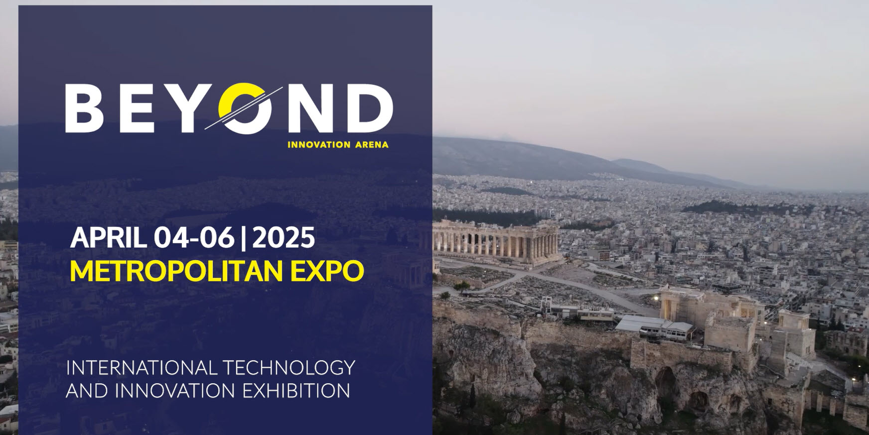 3D_Organon_Beyond_Expo Promotional banner for BEYOND Innovation Arena 2025, highlighting 3D Organon's presence at the event. On the left, event details read: 'BEYOND Innovation Arena, April 04–06, 2025, Metropolitan Expo. International Technology and Innovation Exhibition.' On the right, a panoramic view of Athens, Greece with the Acropolis in the foreground, representing the event's location and cultural significance.