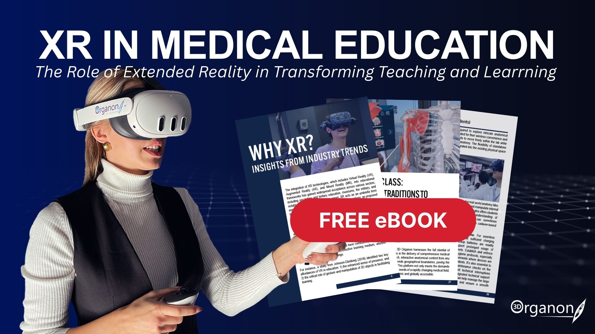 XR_IN_MEDICAL_EDUCATION(1) Book cover titled 'XR in Medical Education: The Role of Extended Reality in Transforming Teaching and Learning' by Athanasios Raikos. The cover features a woman wearing a virtual reality headset labeled 'Organon' and holding controllers, with a 3D anatomical scan in the background.
