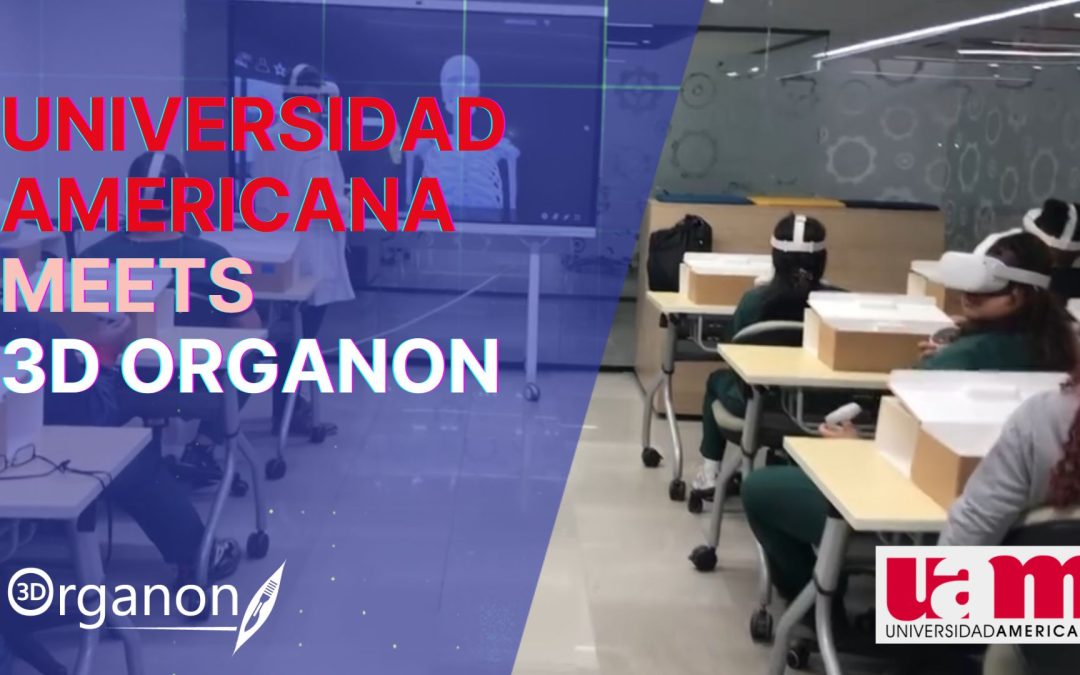 Professor using a VR headset to teach human anatomy with 3D Organon, surrounded by engaged medical students in a classroom setting