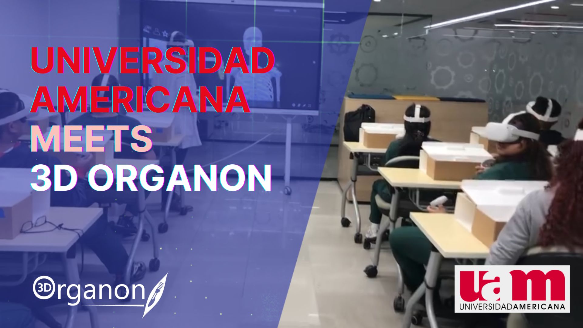UAM Professor using a VR headset to teach human anatomy with 3D Organon, surrounded by engaged medical students in a classroom setting